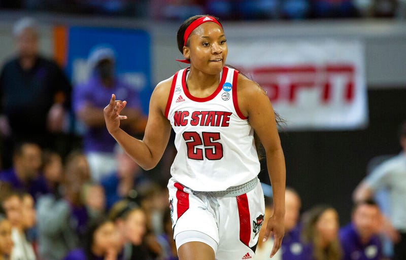 North Carolina State's Kayla Jones (25) reacts after a 3-point basket