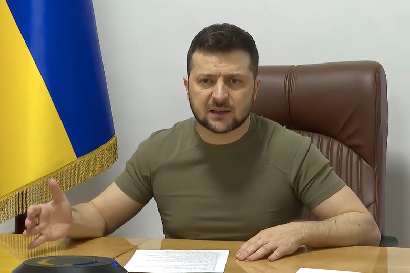In this image from video provided by the Ukrainian Presidential Press Office, Ukrainian President Volodymyr Zelenskyy speaks to the leaders of the European Council during their summit in Brussels from Kyiv, Ukraine, Thursday, March 24, 2022