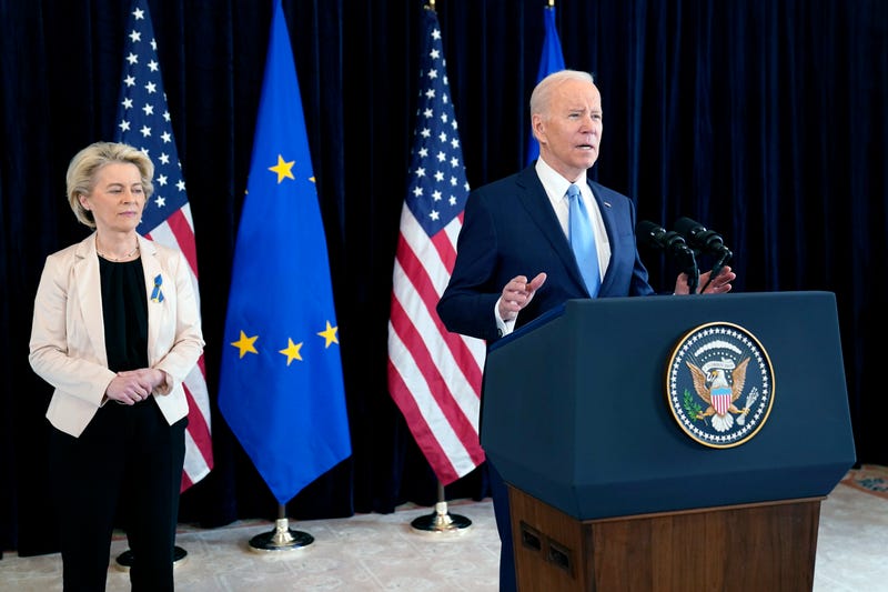 President Joe Biden and European Commission President Ursula von der Leyen talk to the press about the Russian invasion of Ukraine, at the U.S. Mission in Brussels, Friday, March 25, 2022, in Brussels