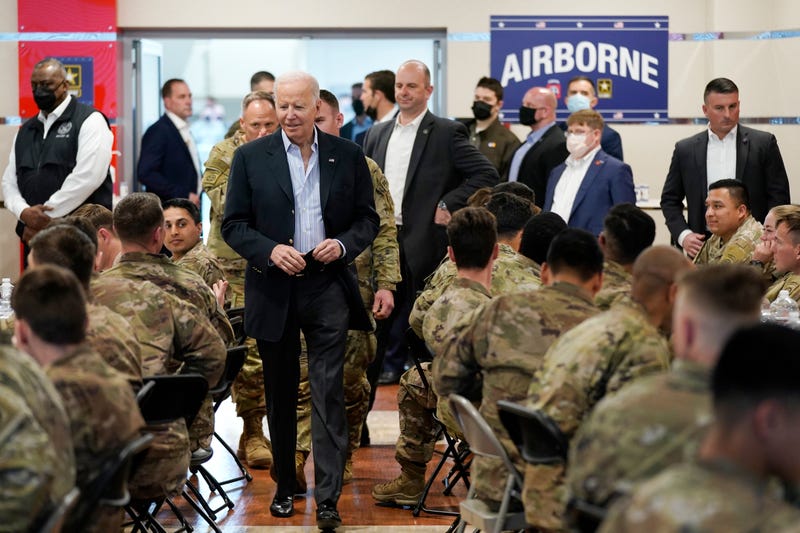 President Joe Biden visits with members of the 82nd Airborne Division at G2A Arena, Friday, March 25, 2022, in Jasionka, Poland