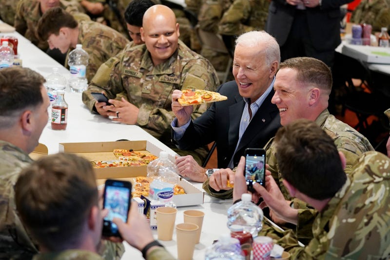 President Joe Biden visits with members of the 82nd Airborne Division at the G2A Arena, Friday, March 25, 2022, in Jasionka, Poland