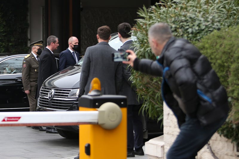 Members of the Ukrainian delegation leave their hotel before the Russia-Ukraine talks start in Istanbul, Tuesday, March 29, 2022