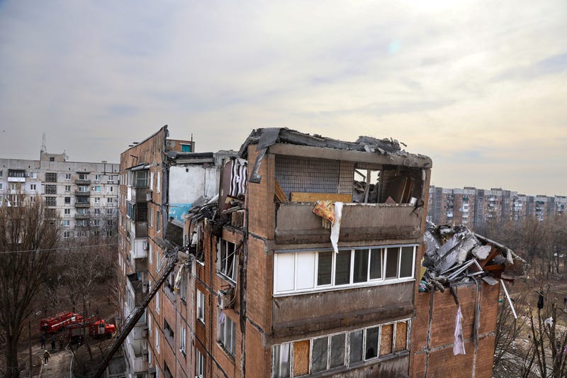 A view of the building damaged by the shelling in Donetsk, on the territory which is under the Government of the Donetsk People's Republic control, eastern Ukraine, Wednesday, March 30, 2022