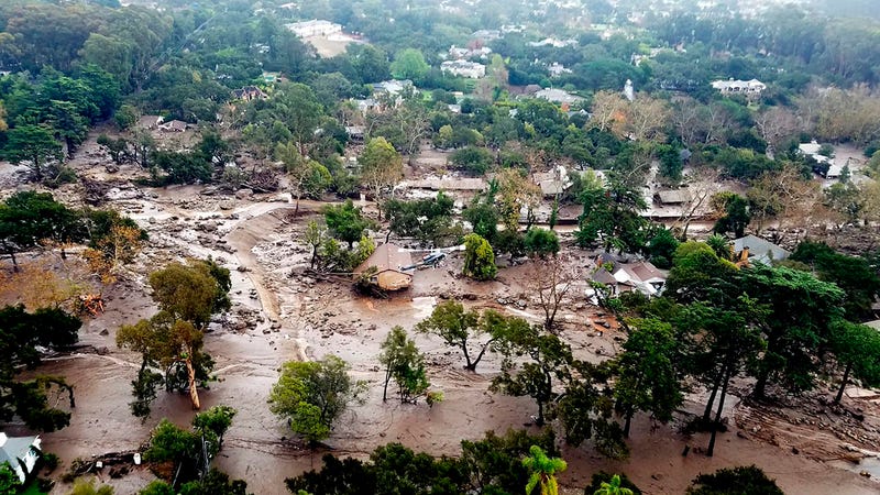 FILE - This Jan. 10, 2018 aerial photo provided by the Santa Barbara County Fire Department shows mudflow and damage to homes in Montecito, Calif. According to a study published in Science Advances on Friday, April 1, 2022, a one-two punch of nasty wildfires followed by heavy downpours, triggering flooding and mudslides, will strike the U.S. West far more often in a warming-hopped world, becoming a frequent occurrence. 
