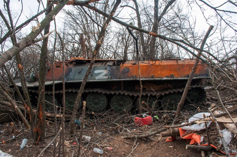 A destroyed armored vehicle is seen near the village of Malaya Rohan, Kharkiv region, Ukraine, Friday, April 1, 2022