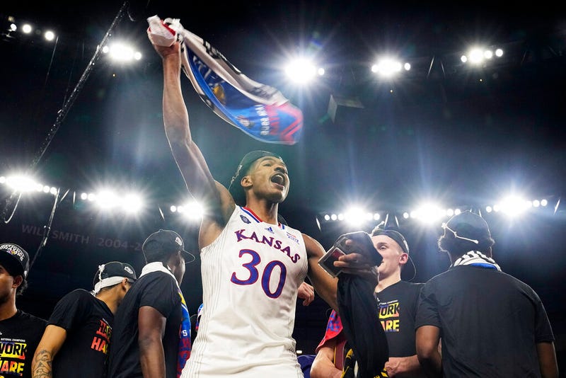 Kansas guard Ochai Agbaji celebrates after their win against North Carolina