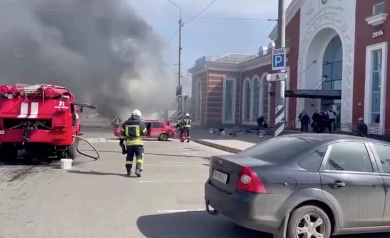 In this image from video published on Ukrainian President Volodymyr Zelenskyy's Telegram channel, a smoke rises after Russian shelling at the railway station in Kramatorsk, Ukraine, Friday, April 8, 2022