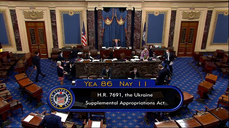 This image from Senate Television video shows the final vote of 86-11 as the Senate overwhelmingly approved a $40 billion infusion of military and economic aid for Ukraine