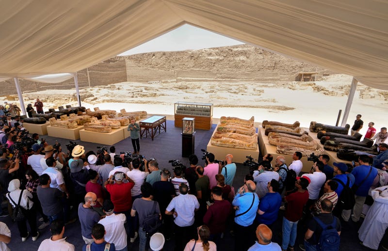 press conference by Mostafa Waziri, secretary-general of the Supreme Council of Antiquities, at a makeshift exhibit at the feet of the Step Pyramid of Djoser in Saqqara
