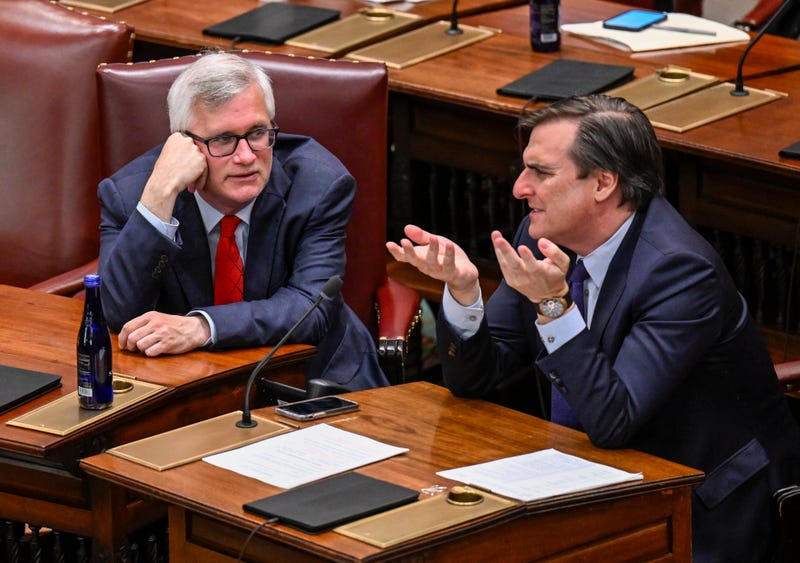 State Sen. Brian Kavanagh, D- New York, left, speaks with Senator Deputy Majority Leader, Michael Gianaris, D-Astoria, before a Senate session at the state Capitol on the last scheduled day of the 2022 legislative session, Thursday, June 2, 2022, in Albany, N.Y