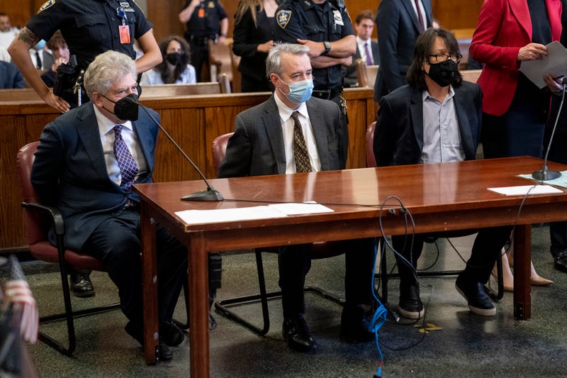 From left, Glenn Horowitz, Craig Inciardi, and Edward Kosinski appear in criminal court after being indicted for conspiracy involving handwritten notes from the famous Eagles album "Hotel California,"