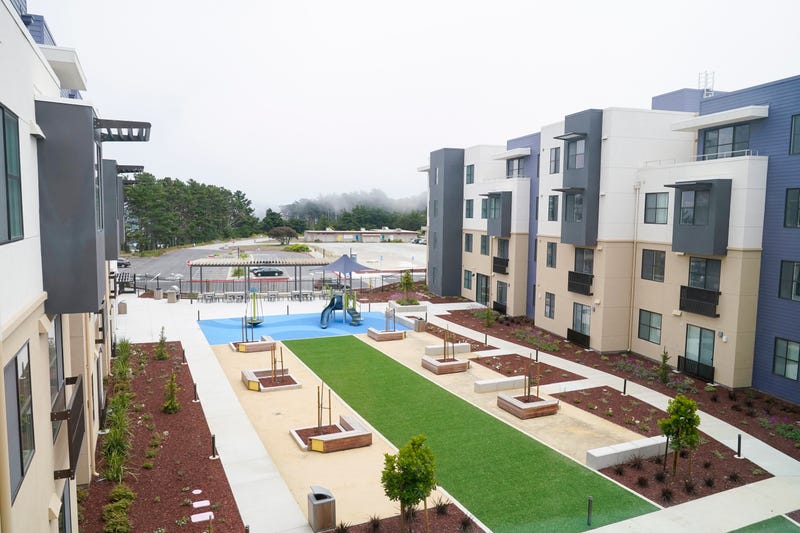 A view from the third floor of the courtyard, of a new housing complex for Jefferson Union High School District teachers and education staff, in Daly City, Calif., Friday, July 8, 2022