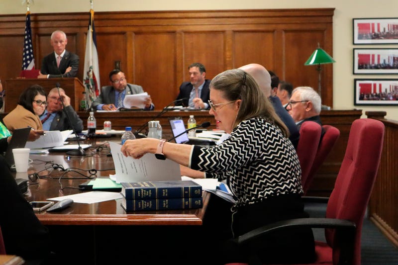 West Virginia female legislator sits at desk and speaks to other legislators