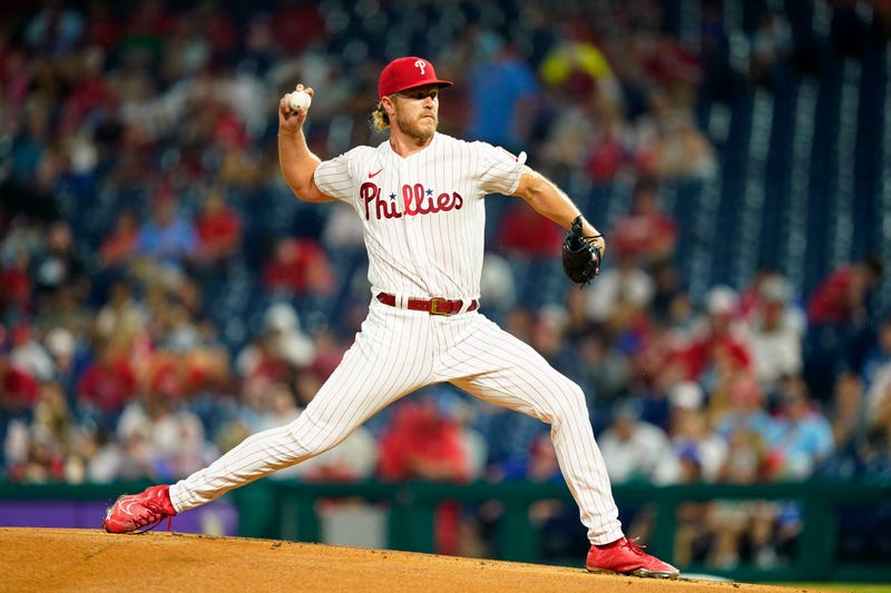 Philadelphia Phillies' Noah Syndergaard pitches during the first inning of a baseball game against the Cincinnati Reds, Monday, Aug. 22, 2022, in Philadelphia.