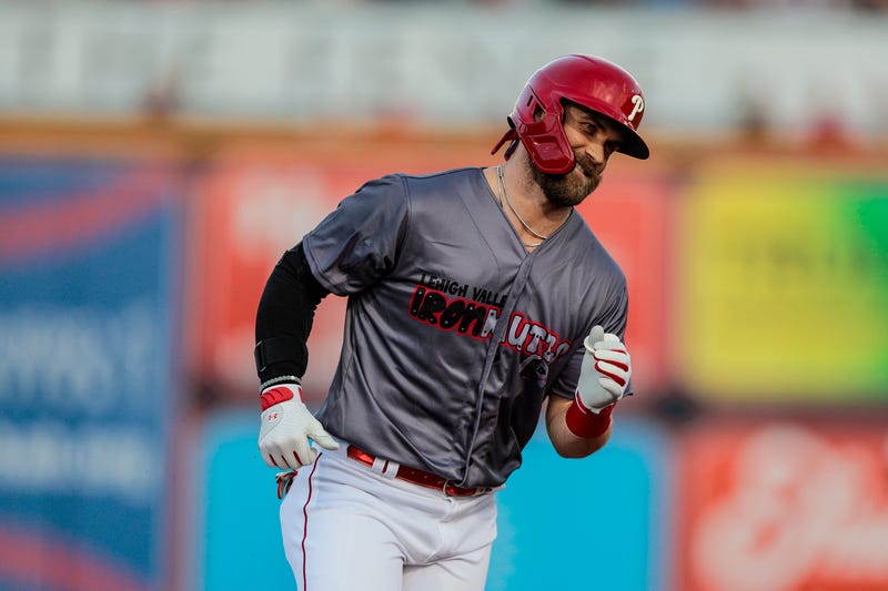Bryce Harper runs the bases after hitting a solo homer against the Gwinnett Stripers in the first inning of a Triple-A baseball game while he begins his rebab assignment at Lehigh Valley Iron Pigs in Allentown, Pa., Tuesday, Aug. 23, 2022.