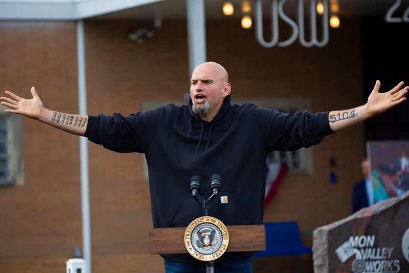 Pa. Lt. Gov. and senatorial candidate John Fetterman speaks to a crowd gathered at aa United Steel Workers of America Labor Day event with President Joe Biden in West Mifflin, Pa., just outside Pittsburgh, Monday Sept. 5, 2022.