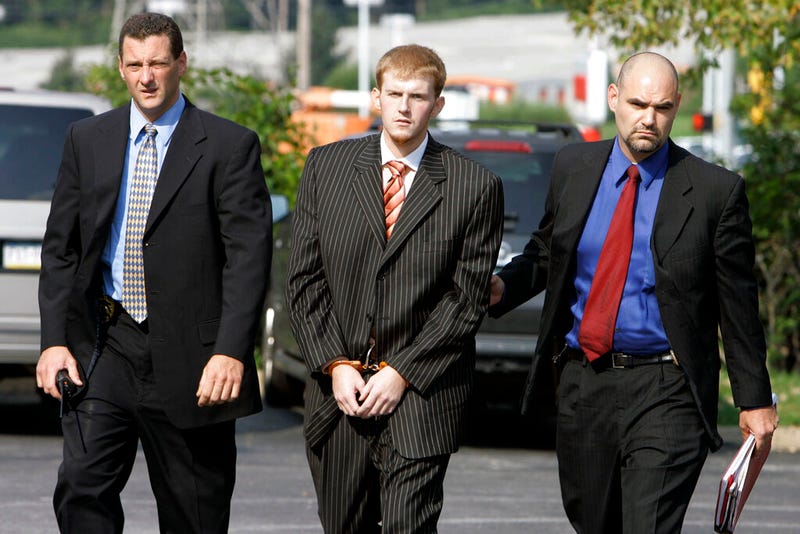In this Aug. 29, 2007, file photo, Britt Reid is escorted into the Montgomery County district court house in Conshohocken, Pa. Former Kansas City Chiefs assistant coach Britt Reid is scheduled to enter a guilty plea to felony driving while intoxicated related to a car crash that seriously injured a young girl.