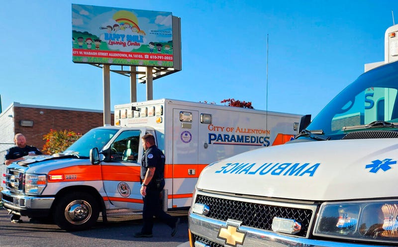 Emergency responders work on the scene of an apparent carbon monoxide leak at a day care center in Allentown, Pa. on Tuesday, Oct. 11, 2022.