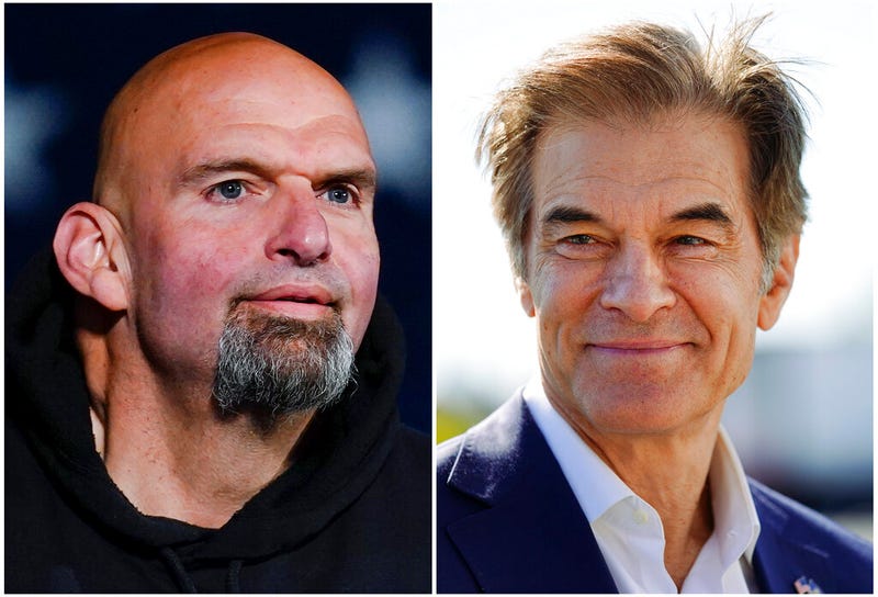 This combination of photos shows Pennsylvania Lt. Gov. John Fetterman, a Democratic candidate for U.S. Senate, Oct. 8, 2022, in York, Pa., left, and Mehmet Oz, a Republican candidate for U.S. Senate, Sept. 23, 2022, in Allentown, Pa. (AP Photo/Matt Rourke, File)