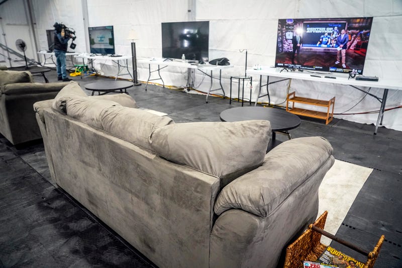 A an entertainment area, shown during a press tour, is part of New York City's latest temporary shelter on Randalls Island for migrants being bused into the city by southern border states, Oct. 18, 2022