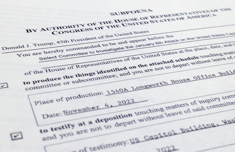 The subpoena to former President Donald Trump, issued by the House committee investigating the Jan. 6, 2021 attack on the U.S. Capitol, is photographed Friday, Oct. 21, 2022, in Washington.