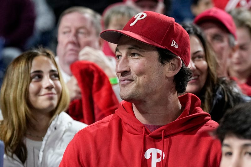 Actor Miles Teller watches during the fourth inning in Game 3 of the baseball NL Championship Series between the San Diego Padres and the Philadelphia Phillies on Oct. 21, 2022, in Philadelphia.