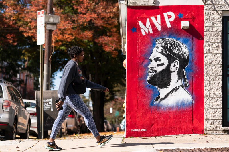 mural of Philadelphia Phillies designated hitter Bryce Harper