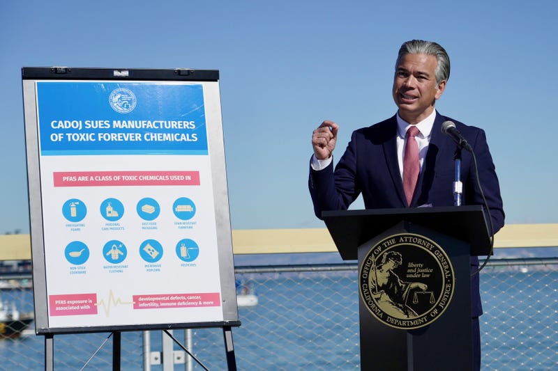 California Attorney General Rob Bonta speaks at a news conference announcing a lawsuit against manufacturers of toxic chemicals in San Francisco, on Thursday, Nov. 10, 2022. A lawsuit filed by the state of California accuses 3M, Dupont and 16 other companies of covering up the harm caused to the environment and the public after the firms manufactured chemicals that have over decades found their way into waterways and human bloodstreams.