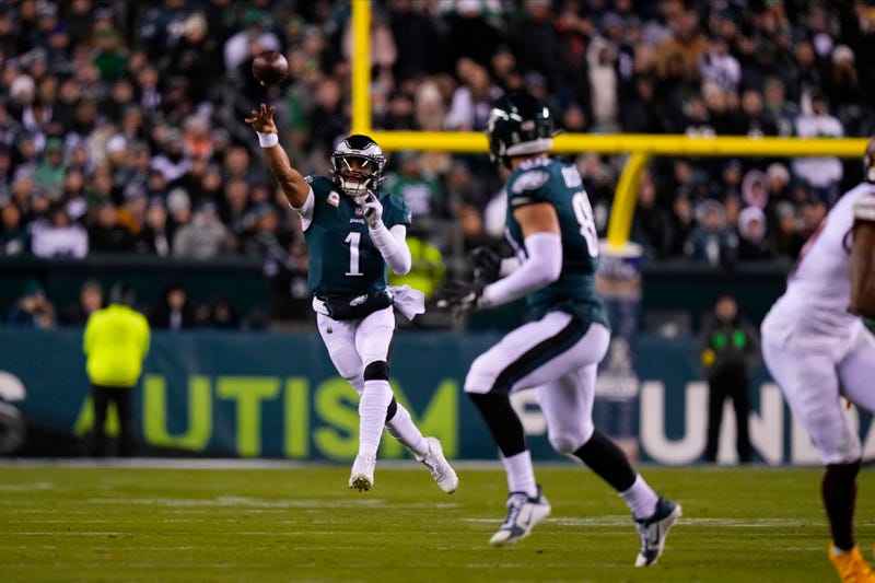 Philadelphia Eagles quarterback Jalen Hurts (1) throws a pass during the second half of an NFL football game against the Washington Commanders, Monday, Nov. 14, 2022, in Philadelphia.