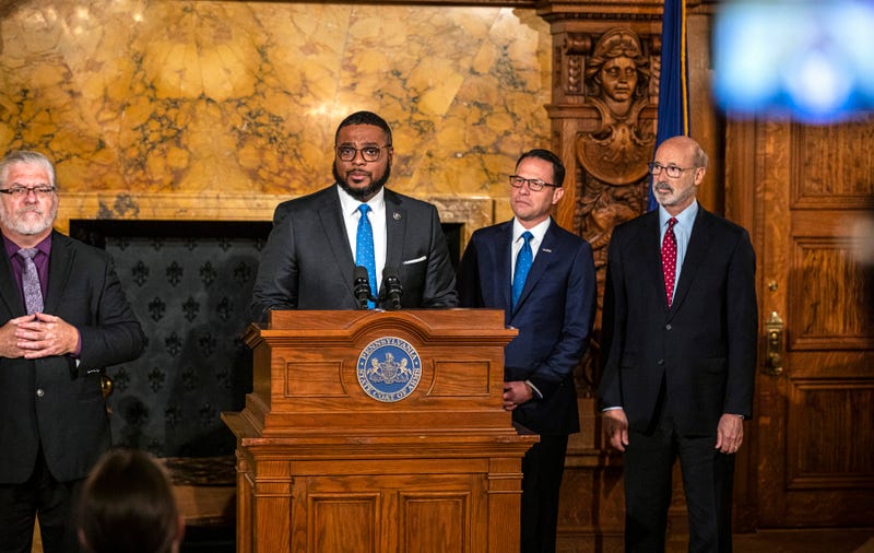 Pennsylvania Lt. Gov.-elect Austin Davis, Gov.-elect Josh Shapiro, and Gov. Tom Wolf