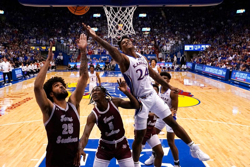 Kansas forward K.J. Adams Jr. (24) shoots during the first half of an NCAA college basketball game against Texas Southern