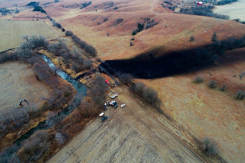 This photo taken by a drone, shows the cleanup process in Washington County, Kan.