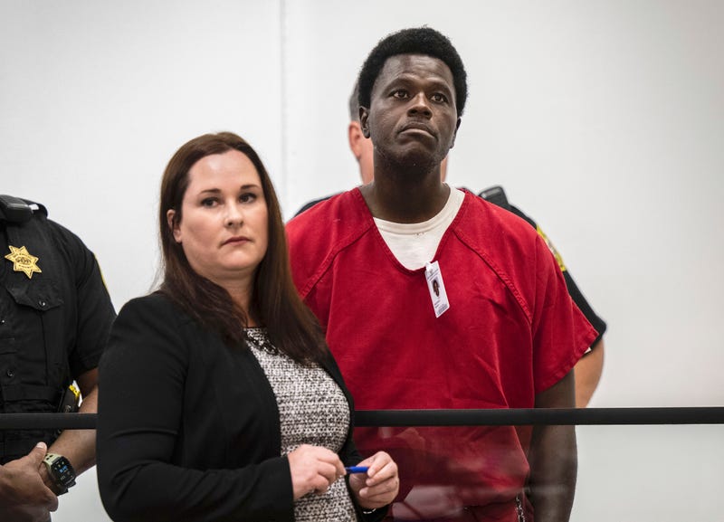 Wesley Brownlee stands with public defender Allison Nobert during his arraignment in San Joaquin County Superior Court on Tuesday, Oct. 18, 2022. Brownlee has been charged in four additional slayings this week, bringing his total to seven deaths in Northern California since April 2021, authorities said.