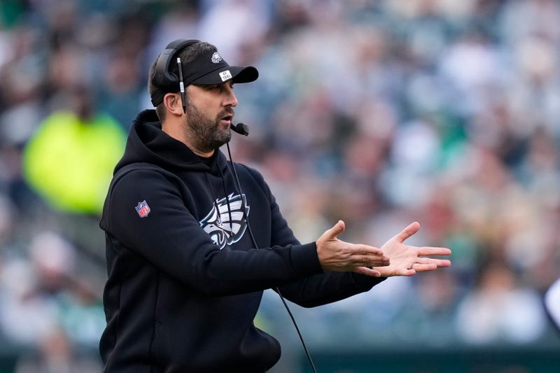 Philadelphia Eagles head coach Nick Sirianni calls out from the sideline in the first half of an NFL football game against the New Orleans Saints in Philadelphia, Jan. 1, 2023.