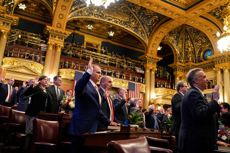 Legislators of the Pennsylvania House of Representatives are sworn-in, Tuesday, Jan. 3, 2023, at the state Capitol in Harrisburg, Pa. The ceremony marks the convening of the 2023-2024 legislative session of the General Assembly of Pennsylvania.