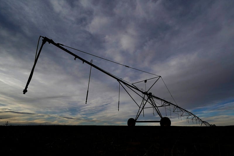 A center pivot irrigation sprinkler stretches across a field