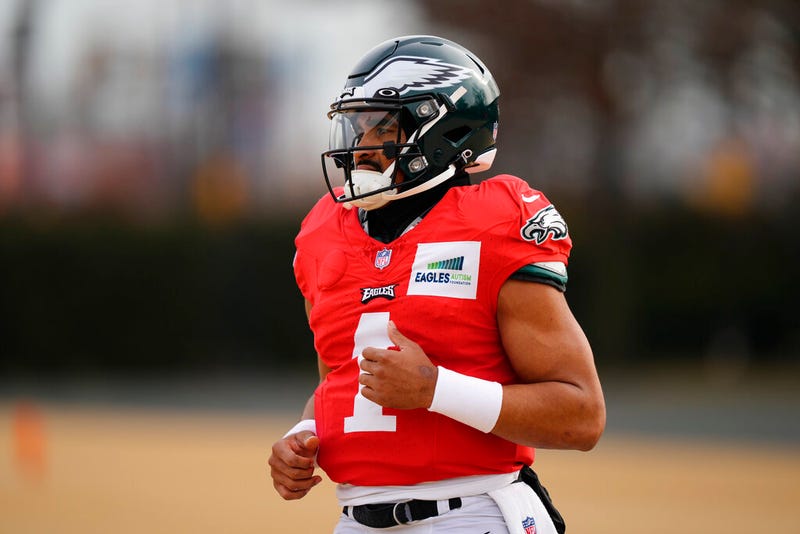 Philadelphia Eagles quarterback Jalen Hurts practices at the NFL football team's facility in the NFL football team's facility in Philadelphia, Thursday, Jan. 12, 2023.