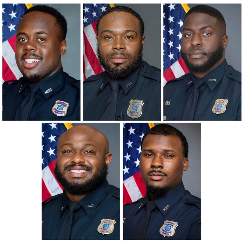 This combo of images provided by the Memphis Police Department shows officers Tadarrius Bean, Demetrius Haley, Emmitt Martin III, Desmond Mills, Jr. and Justin Smith.
