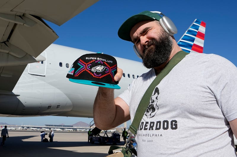 Philadelphia Eagles center Jason Kelce arrives ahead of the NFL football Super Bowl 57, Sunday, Feb. 5, 2023, in Phoenix.