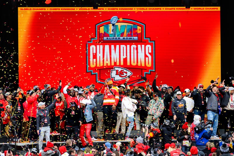 Kansas City Chiefs players celebrate during the Chiefs' victory celebration 