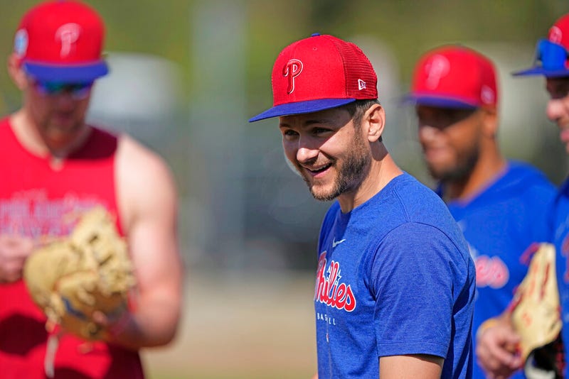 Philadelphia Phillies shortstop Trea Turner smiles during a spring training baseball workout Friday, Feb. 17, 2023, in Clearwater, Fla.
