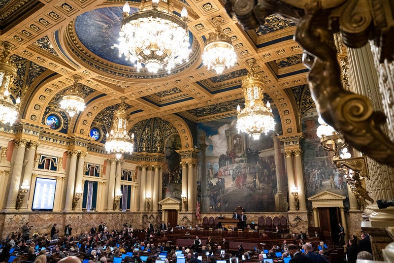 Shown the is Pennsylvania House of Representatives in session at the Pennsylvania Capitol in Harrisburg, Pa., Tuesday, Feb. 21, 2023. (AP Photo/Matt Rourke)
