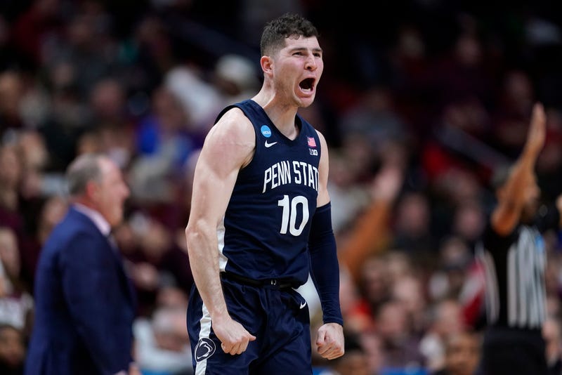 Penn State guard Andrew Funk celebrates after making a 3-point basket in the first half of a first-round college basketball game against Texas A&M in the NCAA Tournament, Thursday, March 16, 2023, in Des Moines, Iowa.