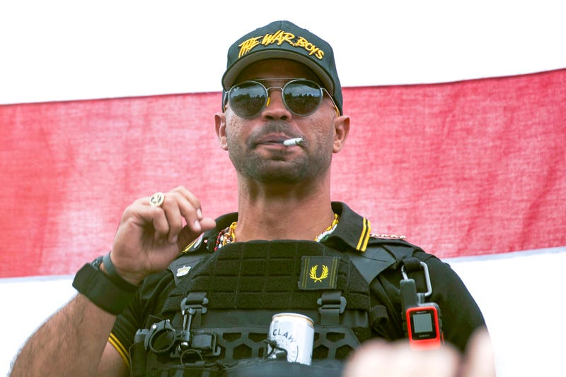 Proud Boys leader Henry "Enrique" Tarrio wears a hat that reads "The War Boys" during a rally in Portland, Ore., Sept. 26, 2020.