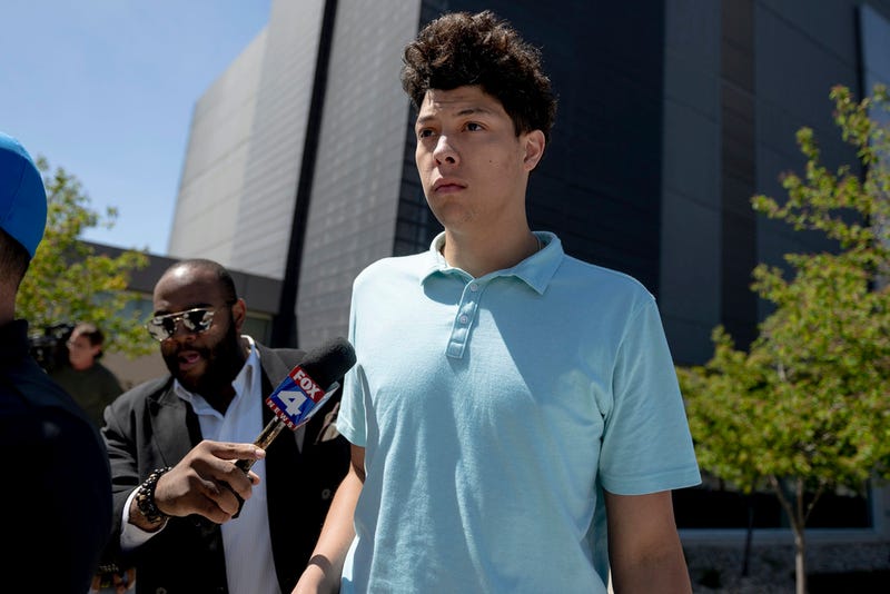 Jackson Mahomes exits the Johnson County jail after being arraigned on three charges of sexual battery