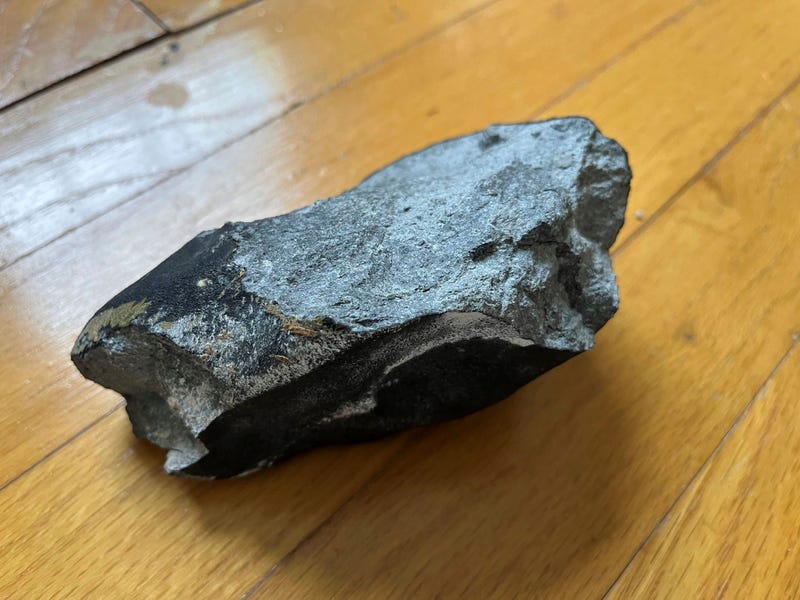 This image provided by Hopewell Township Police Department shows a metallic object believed to be a meteorite on a hardwood floor at a residence in Hopewell Township, N.J.