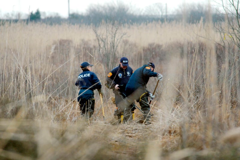 Crime scene investigators use metal detectors to search a marsh for the remains of Shannan Gilbert, Dec. 12, 2011 in Oak Beach, New York