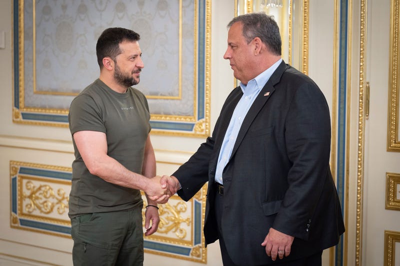 In this photo provided by the Ukrainian Presidential Press Office, Ukrainian President Volodymyr Zelenskyy, left, and Republican presidential candidate former New Jersey Gov. Chris Christie shake hands during their meeting in Kyiv, Ukraine, Friday, Aug. 4, 2023