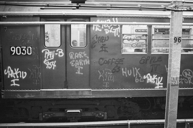 A subway train is adorned with various words from un authorized writers July 22, 1972 in New York