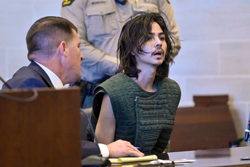 FILE - Carlos Dominguez appears in Yolo Superior Court in Woodland, Calif. on June 20, 2023, with a court-appointed public defender Dan Hutchinson. The criminal case against an accused serial stabber is on hold Monday, Aug. 7, 2023, after Northern California prosecutors agreed that the former university student is incompetent to stand trial. Carlos Dominguez faces murder charges in connection to attacks that killed two and terrorized a peaceful college town.